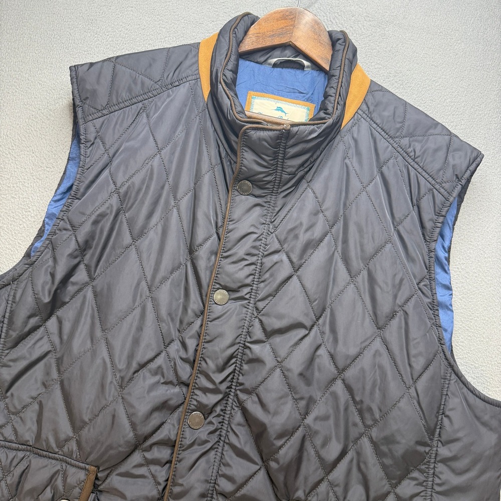 Tommy Bahama Quilted Vest Mens XXL Black Brown Trim Full Zip Puffer Gilet